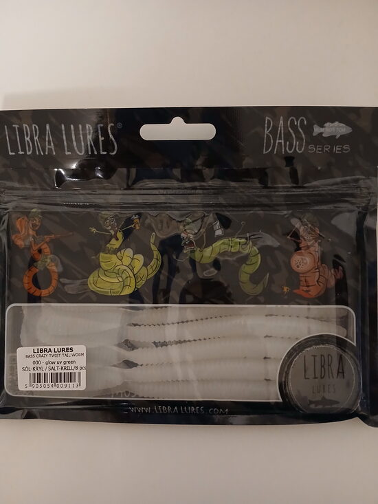 Bass Crazy Twist Tail Worm, 000 Glow UV Green, Salt-Krill, 6,8gr, 8psc/pack